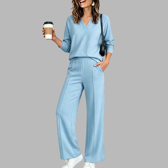 🍂⏳LIMITED-TIME 70% OFF! ✨Women's 2 Piece Outfits V Neck Lounge Set | Raglan Long Sleeve Top & Wide Leg Pants