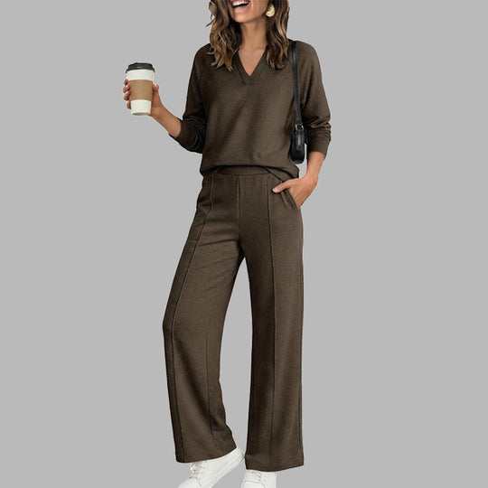 🍂⏳LIMITED-TIME 70% OFF! ✨Women's 2 Piece Outfits V Neck Lounge Set | Raglan Long Sleeve Top & Wide Leg Pants
