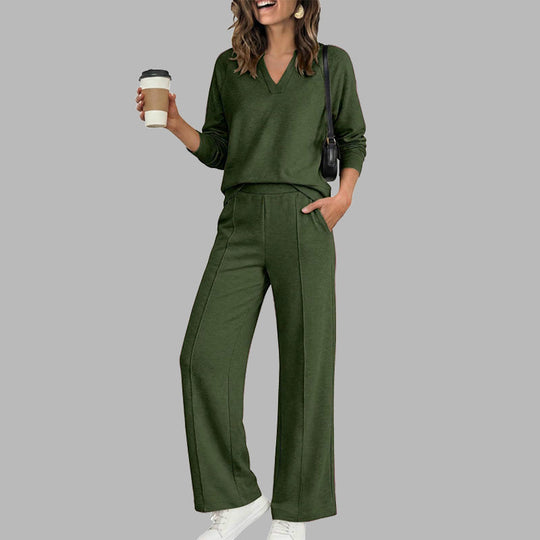 🍂⏳LIMITED-TIME 70% OFF! ✨Women's 2 Piece Outfits V Neck Lounge Set | Raglan Long Sleeve Top & Wide Leg Pants