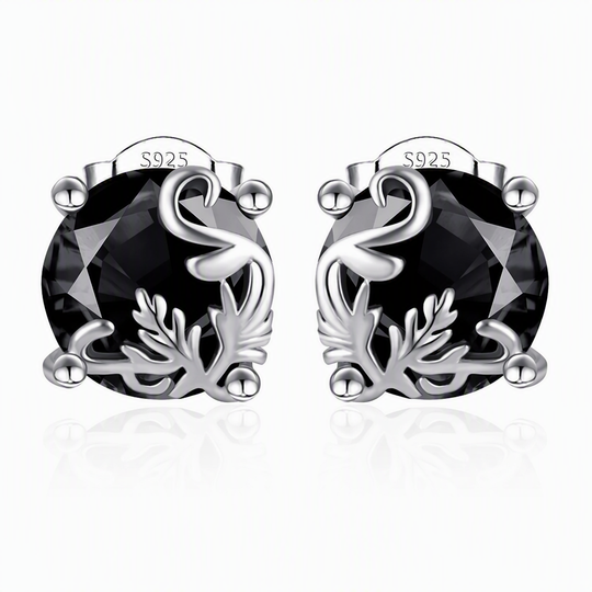 1 Pair of Silver Tone Gothic Vine Pattern Round Stud Earrings with Black Cubic Zirconia