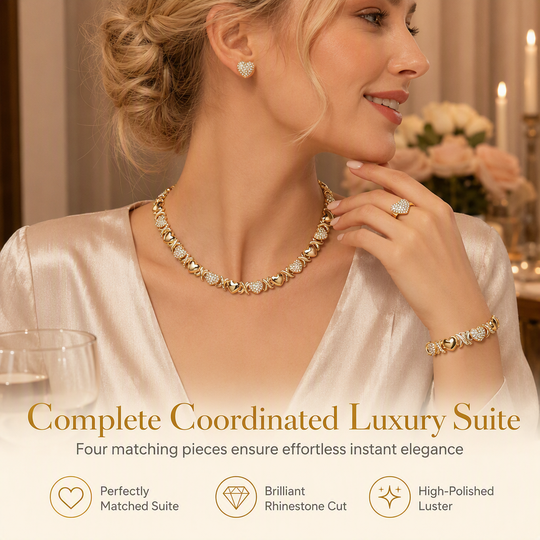 📢📢40% OFF !! ⏰Gold Plated Heart Shaped Rhinestone Jewelry 4-Piece Set with Necklace Earrings Bracelet and Ring