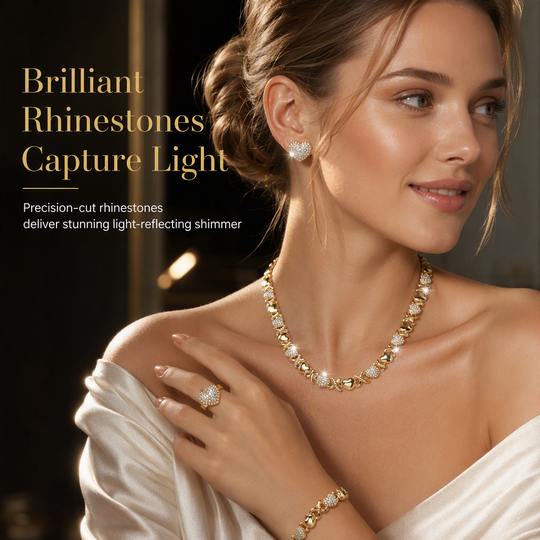📢📢40% OFF !! ⏰Gold Plated Heart Shaped Rhinestone Jewelry 4-Piece Set with Necklace Earrings Bracelet and Ring