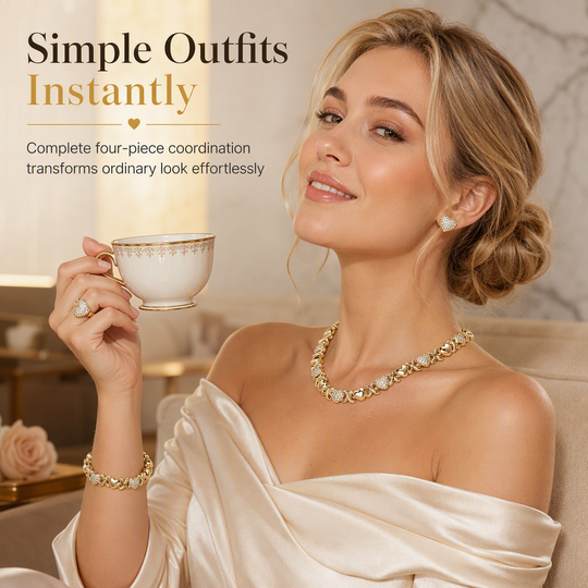 📢📢40% OFF !! ⏰Gold Plated Heart Shaped Rhinestone Jewelry 4-Piece Set with Necklace Earrings Bracelet and Ring