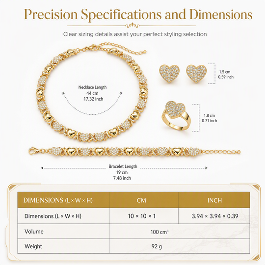 📢📢40% OFF !! ⏰Gold Plated Heart Shaped Rhinestone Jewelry 4-Piece Set with Necklace Earrings Bracelet and Ring