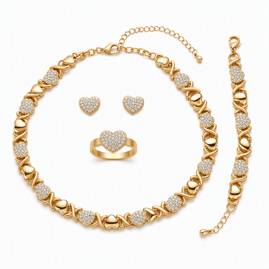 📢📢40% OFF !! ⏰Gold Plated Heart Shaped Rhinestone Jewelry 4-Piece Set with Necklace Earrings Bracelet and Ring