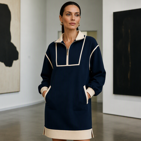 ✨ Sporty Comfort | Women's Half-Zip Relaxed Sweatshirt Dress with Side Pockets