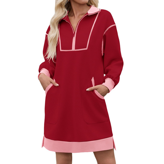 ✨ Sporty Comfort | Women's Half-Zip Relaxed Sweatshirt Dress with Side Pockets
