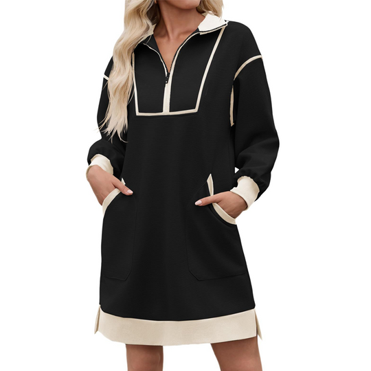 ✨ Sporty Comfort | Women's Half-Zip Relaxed Sweatshirt Dress with Side Pockets