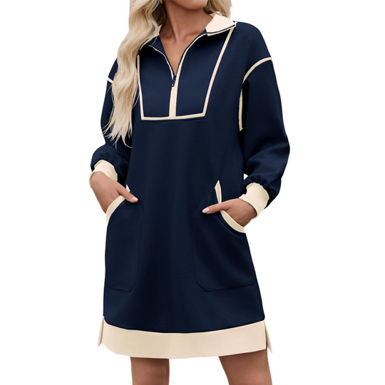 ✨ Sporty Comfort | Women's Half-Zip Relaxed Sweatshirt Dress with Side Pockets