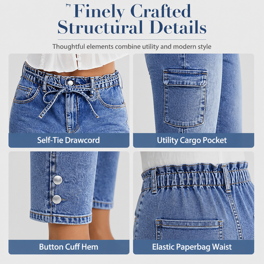 Women's High Waisted Stretch Denim Jeans with Cargo Pockets and Button Cuffs