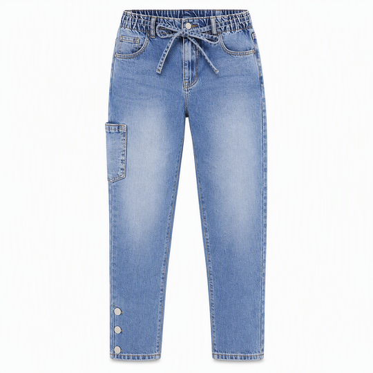Women's High Waisted Stretch Denim Jeans with Cargo Pockets and Button Cuffs