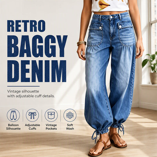 ✨ Standout Denim | Women's High-Waisted Convertible Balloon Jeans with Drawstring Cuffs