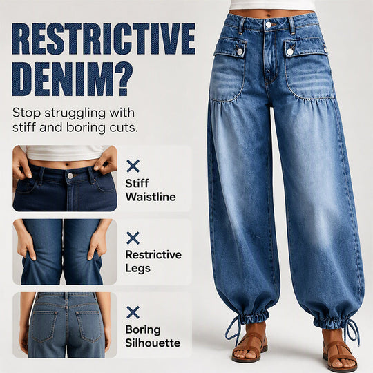 ✨ Standout Denim | Women's High-Waisted Convertible Balloon Jeans with Drawstring Cuffs