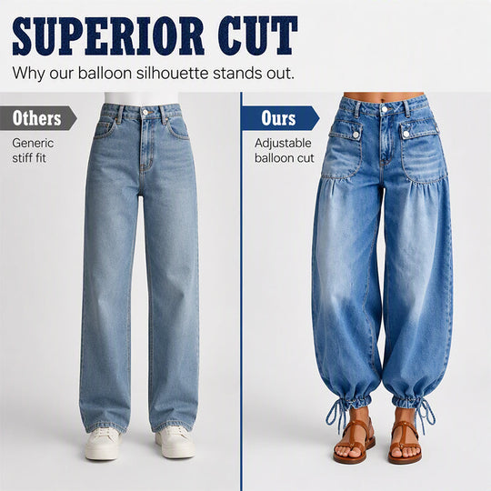 ✨ Standout Denim | Women's High-Waisted Convertible Balloon Jeans with Drawstring Cuffs