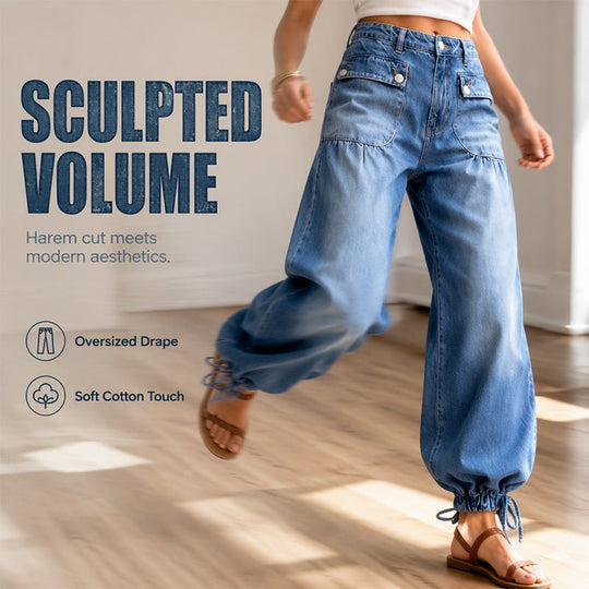 ✨ Standout Denim | Women's High-Waisted Convertible Balloon Jeans with Drawstring Cuffs