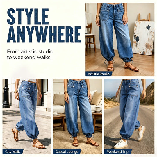 ✨ Standout Denim | Women's High-Waisted Convertible Balloon Jeans with Drawstring Cuffs