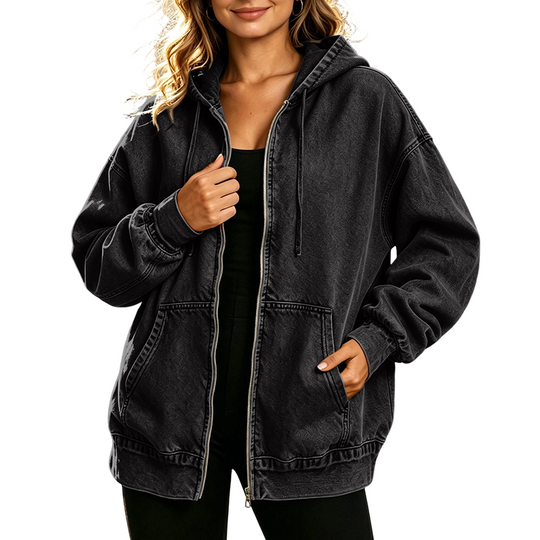 💙 Denim Comfort, Easy Coverage | Women's Loose Zip-Up Hooded Denim Jacket