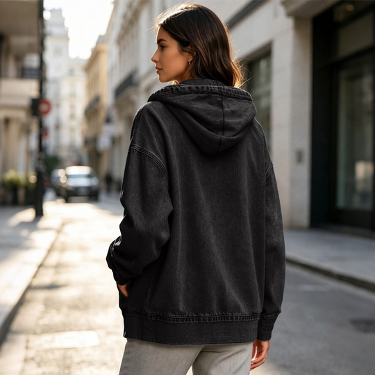 💙 Denim Comfort, Easy Coverage | Women's Loose Zip-Up Hooded Denim Jacket