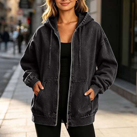 💙 Denim Comfort, Easy Coverage | Women's Loose Zip-Up Hooded Denim Jacket