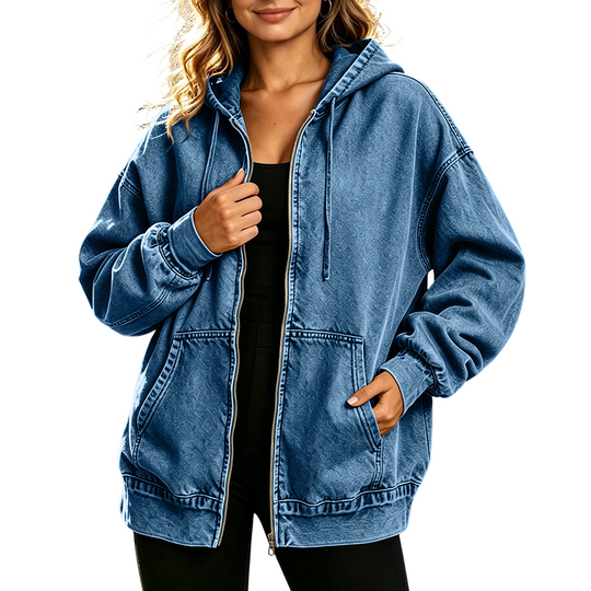 💙 Denim Comfort, Easy Coverage | Women's Loose Zip-Up Hooded Denim Jacket