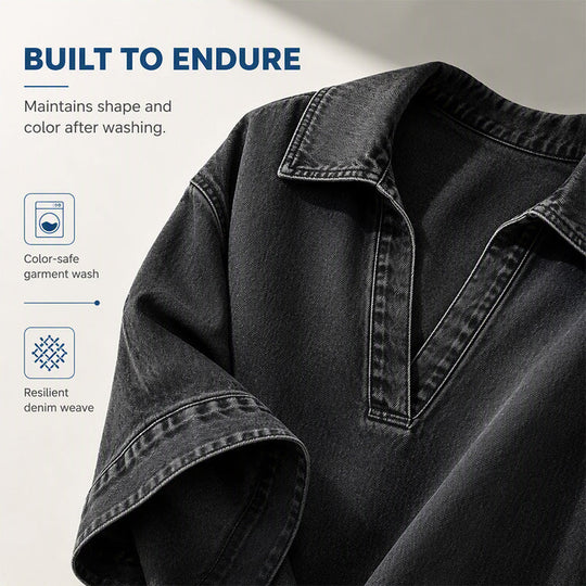 💙 Relaxed Denim Style | Women's Oversized Washed Denim Batwing V-Neck Blouse
