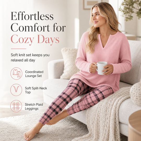 ⏳LAST DAY SALE ONLY ￡24.99!!🔥 2 Pieces, Zero Matching Stress🎀☁ Women's Knit Top & Plaid Leggings Set