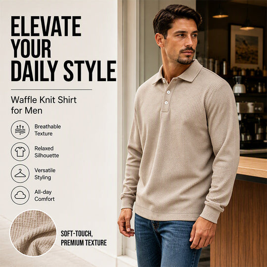 Men's Waffle Knit Long Sleeve Collared Top