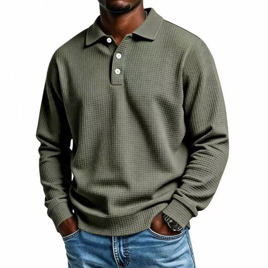 Men's Waffle Knit Long Sleeve Collared Top