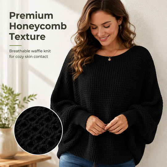 🧶 Flattering Drape, Textured Comfort | Women's Batwing Waffle Knit Sweater