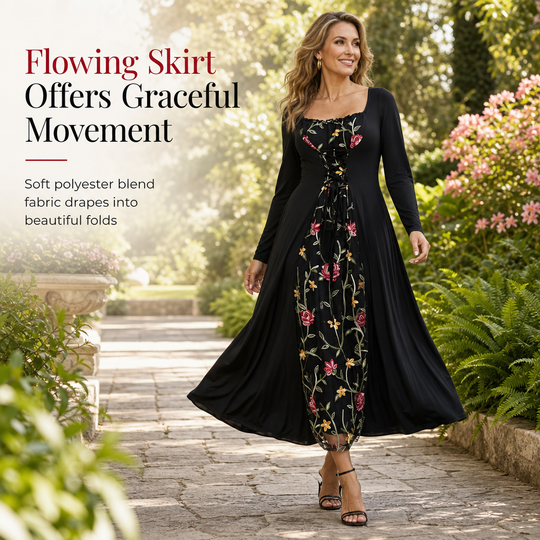 🌹 Black Long Sleeve Square Neck Lace Up Corset Maxi Dress with Floral Embroidered Mesh Panel