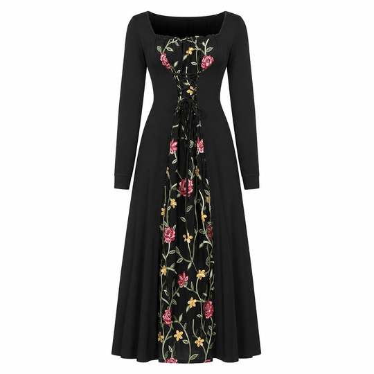 🌹 Black Long Sleeve Square Neck Lace Up Corset Maxi Dress with Floral Embroidered Mesh Panel