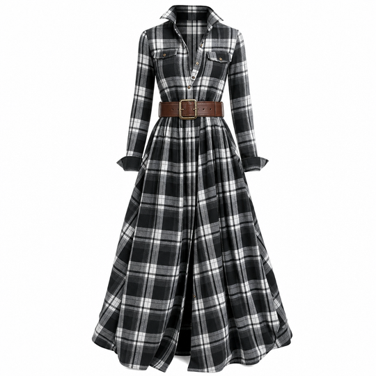 ✨ French-Inspired Elegance | Women's Plaid Cinched-Waist Pleated A-Line Dress