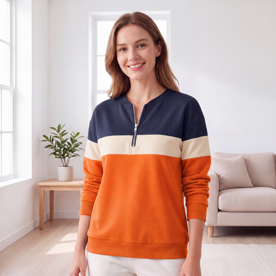 🎨 Bold Color-Block, Easy Half-Zip Style | Women's Relaxed Sweatshirt