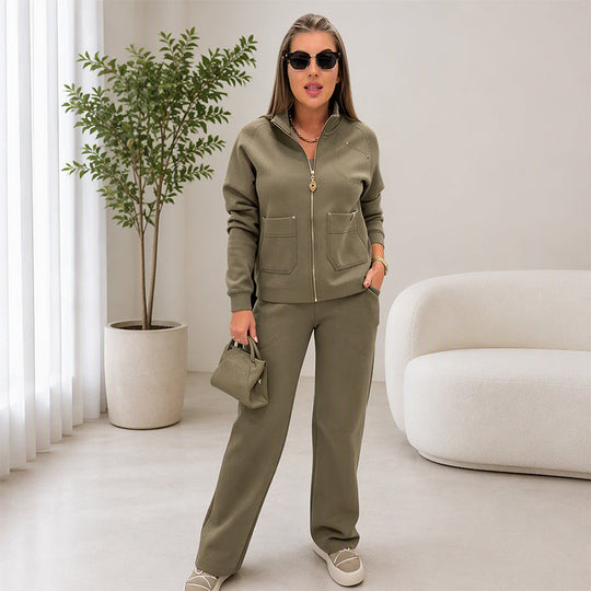 Women's Heavyweight Cotton-Blend Two-Piece Tracksuit Set with Zip-Up and Wide-Leg Pants