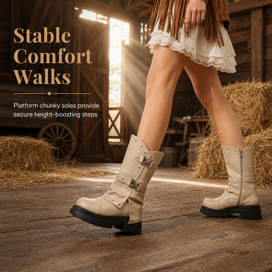 Women's Platform Mid Block Heel Ankle Boots with Round Toe Stitching Fold-Over Cuff and Buckle Strap