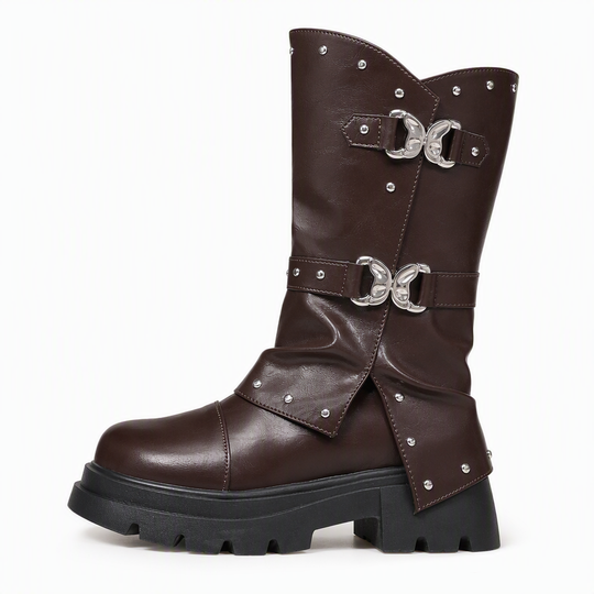 Women's Platform Mid Block Heel Ankle Boots with Round Toe Stitching Fold-Over Cuff and Buckle Strap