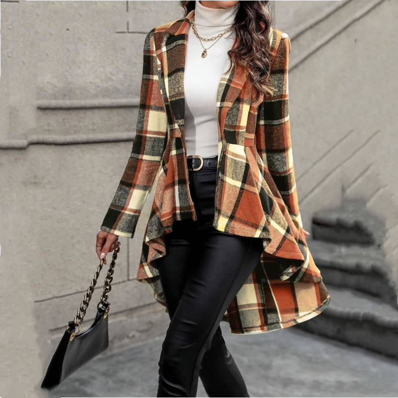 💃 Dramatic Hem, Flattering Shape | Women's Plaid High-Low Peplum Coat