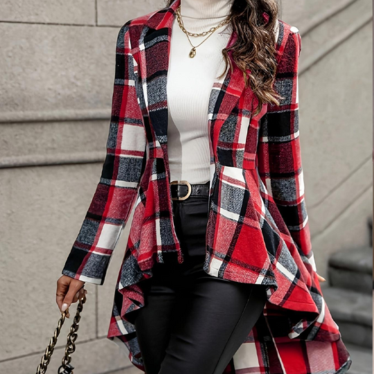 💃 Dramatic Hem, Flattering Shape | Women's Plaid High-Low Peplum Coat