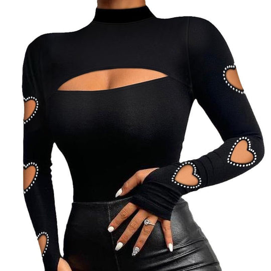 💖 Heart Details That Stand Out | Women's Beaded Cutout Mock-Neck Slim-Fit Top