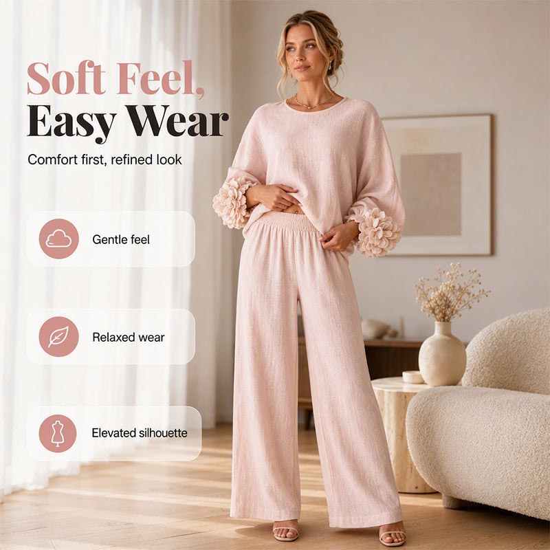 🌸 Statement Floral Cuffs, Elegant Wide-Leg Style | Women's 2-Piece Set