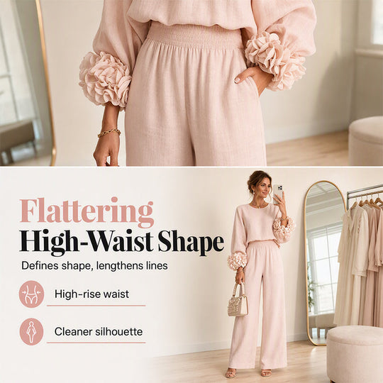 🌸 Statement Floral Cuffs, Elegant Wide-Leg Style | Women's 2-Piece Set