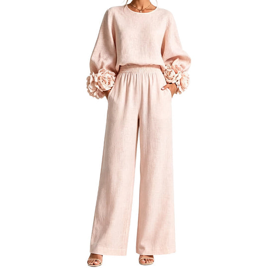 🌸 Statement Floral Cuffs, Elegant Wide-Leg Style | Women's 2-Piece Set
