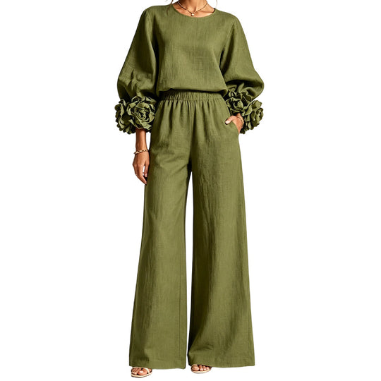 🌸 Statement Floral Cuffs, Elegant Wide-Leg Style | Women's 2-Piece Set