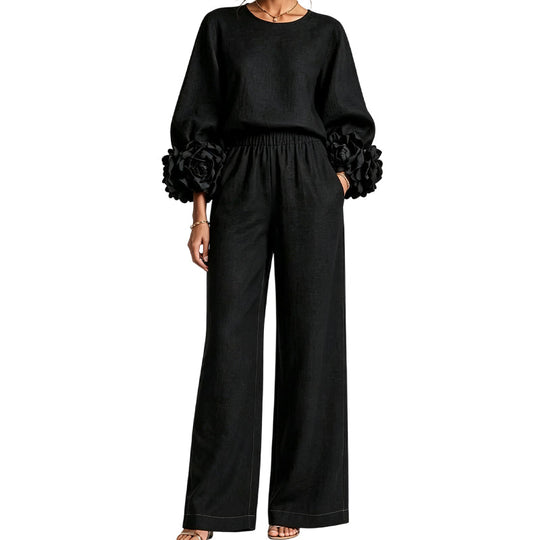🌸 Statement Floral Cuffs, Elegant Wide-Leg Style | Women's 2-Piece Set