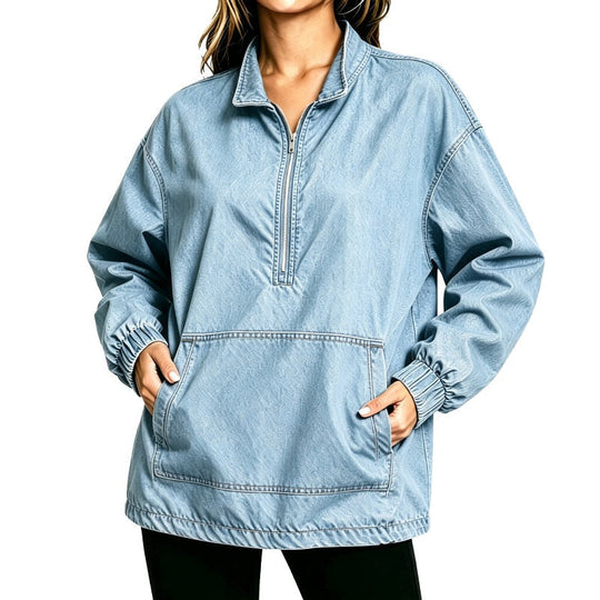💙 Washed Denim, Relaxed Half-Zip Style | Women's Oversized Jacket