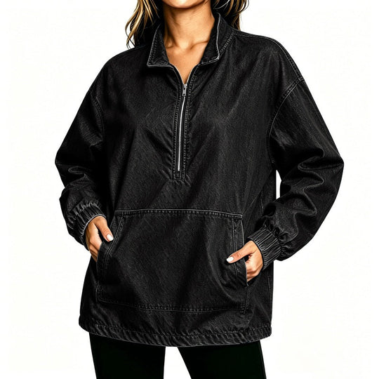 💙 Washed Denim, Relaxed Half-Zip Style | Women's Oversized Jacket