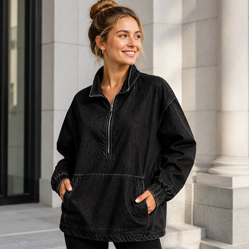 💙 Washed Denim, Relaxed Half-Zip Style | Women's Oversized Jacket