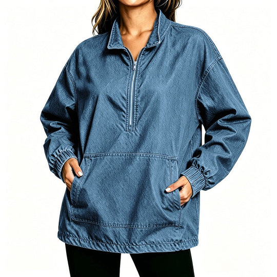 💙 Washed Denim, Relaxed Half-Zip Style | Women's Oversized Jacket