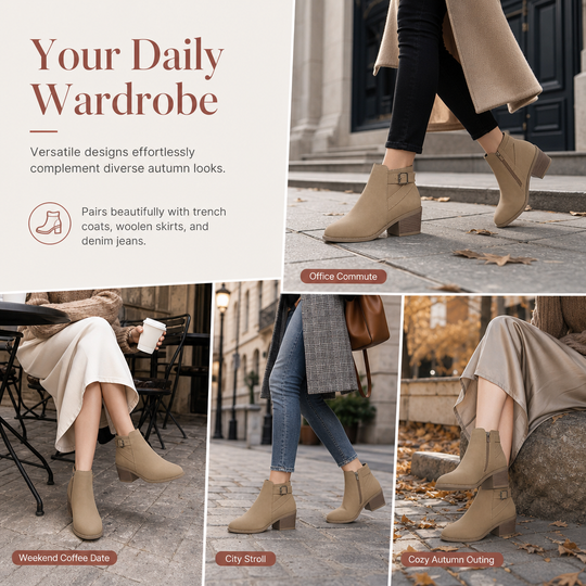 Women's Suede Martin Boots with Slanted Buckle Chunky Mid Heel and Side Zipper Ankle Boots