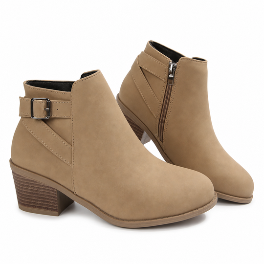Women's Suede Martin Boots with Slanted Buckle Chunky Mid Heel and Side Zipper Ankle Boots
